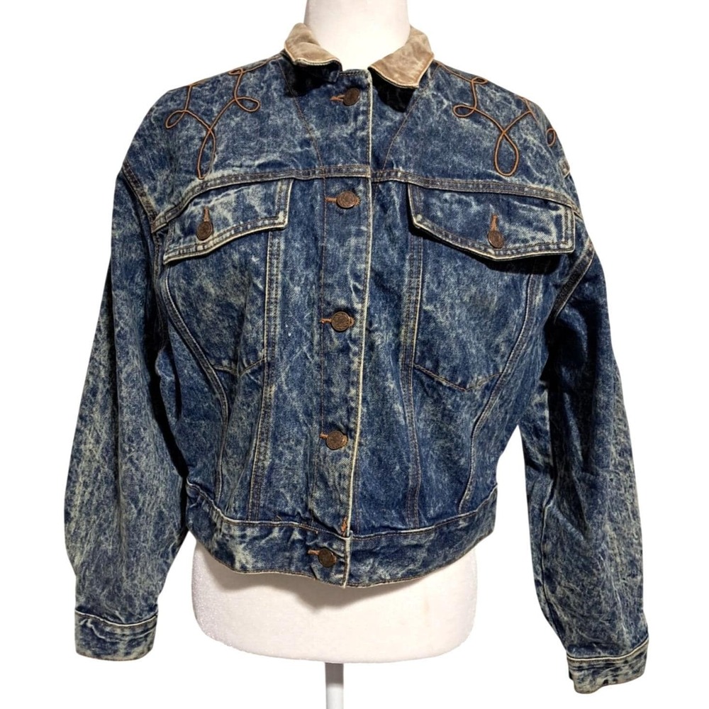 Dreamer Sportswear Denim Jacket‎ Women Medium Blue Acid Wash Western Embroidered